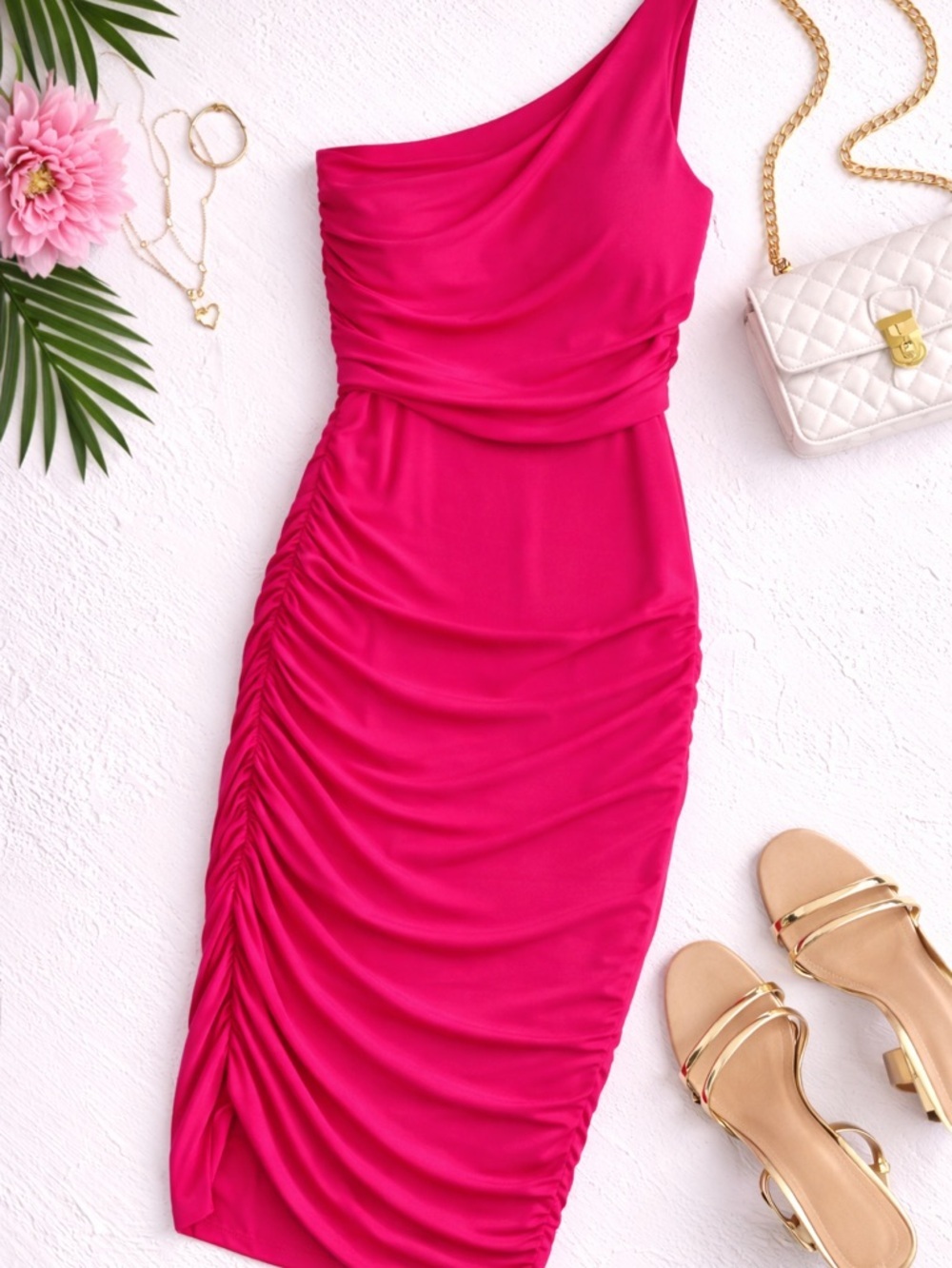 Express Hot Pink One Shoulder Ruched Bodycon Dress Size Medium